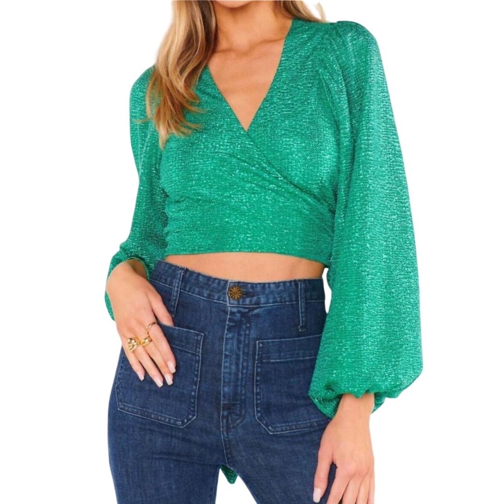 Show Me Your MuMu Joplin Wrap Top Green Iridescent NWT XS